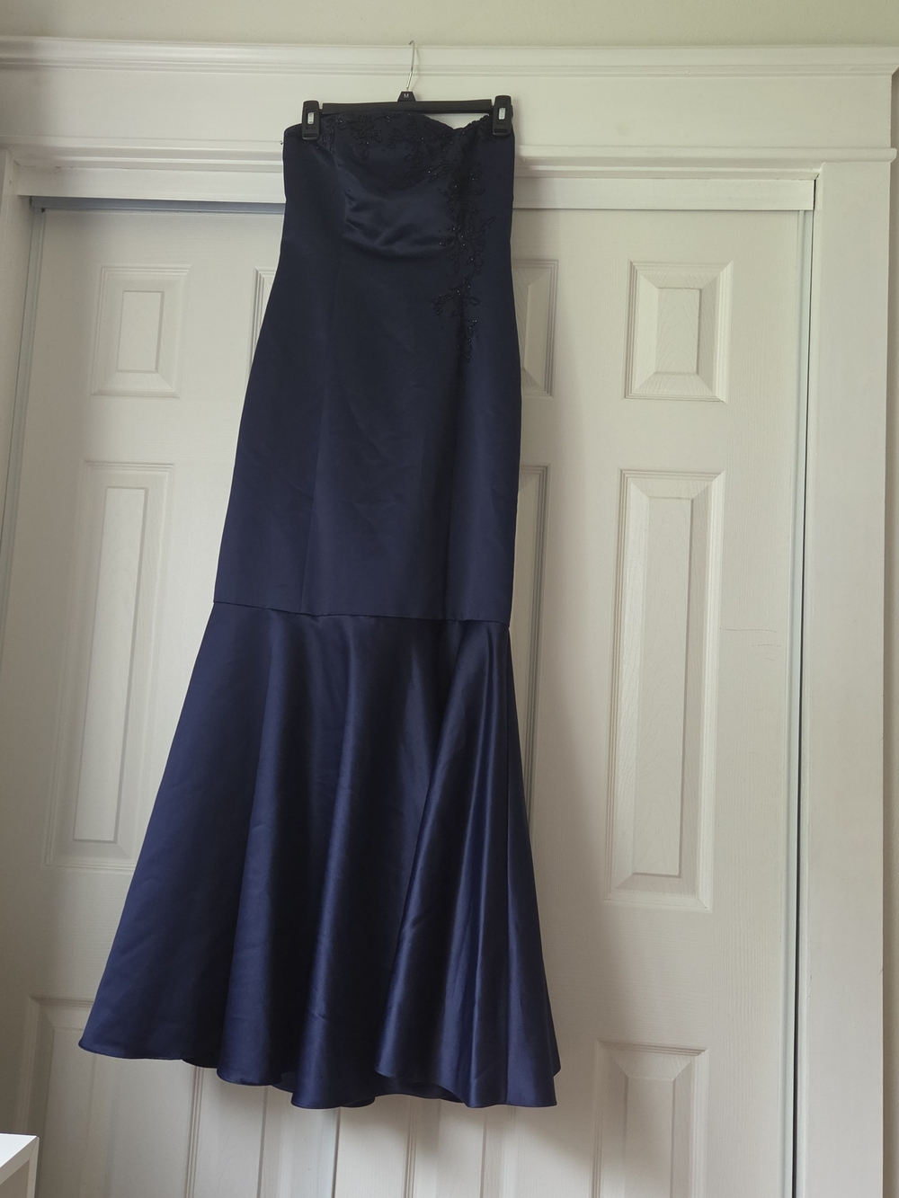 Vintage Navy Blue Satin Strapless Mermaid Dress Lace Up Corset Back Beaded